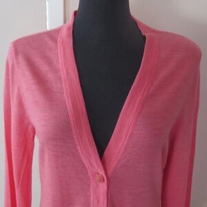 Heather Coral Pink Tory Burch Merino Cardigan, Gold Logo Buttons